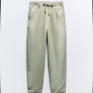 Zara Women's Light Sage Elastic-Waist  Pants